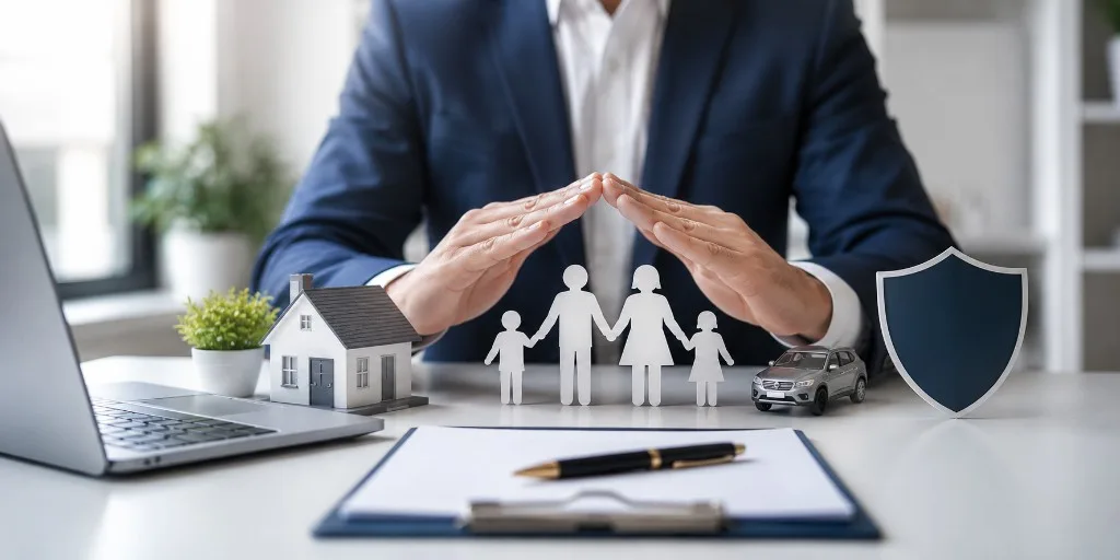 Insurance agent protecting a family with hands over paper cutouts of people, house, and car — symbolizing comprehensive coverage